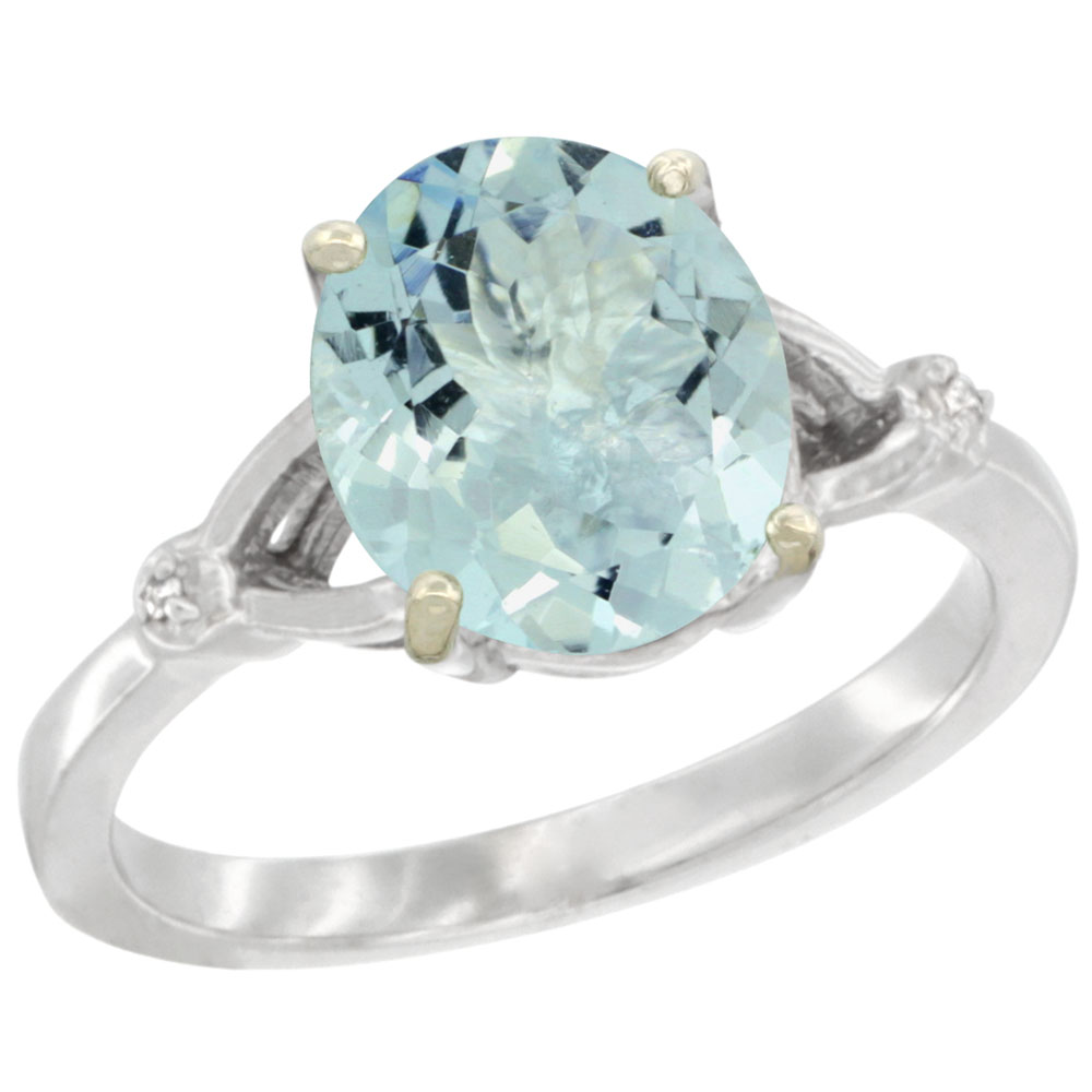 14K White Gold Diamond Natural Aquamarine Engagement Ring Oval 10x8mm, sizes 5-10