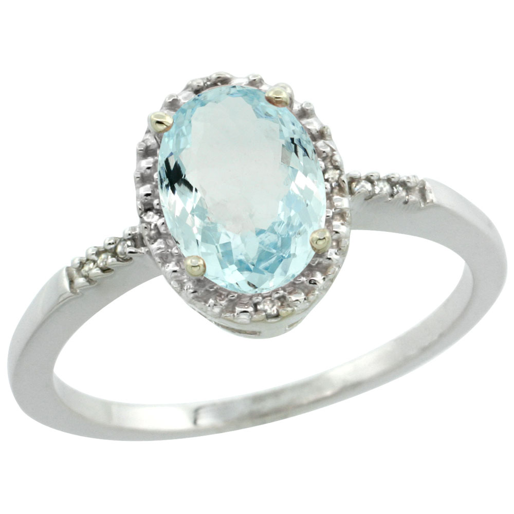 10K White Gold Diamond Natural Aquamarine Ring Oval 8x6mm, sizes 5-10