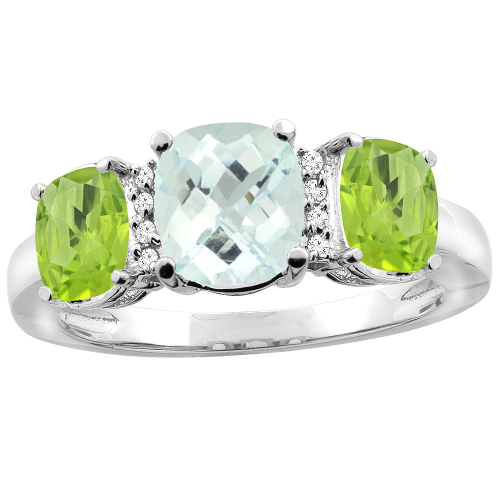 10K Yellow Gold Natural Aquamarine & Peridot 3-stone Ring Cushion 8x6mm Diamond Accent, sizes 5 - 10