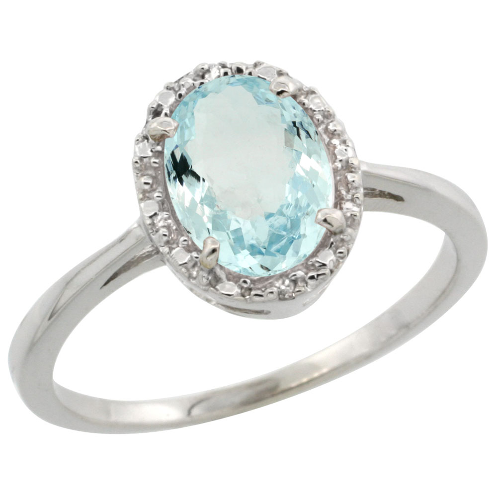 10k White Gold Natural Aquamarine Ring Oval 8x6 mm Diamond Halo, sizes 5-10