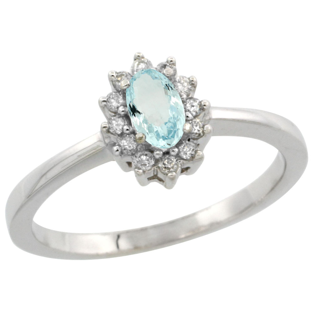 14K White Gold Natural Aquamarine Ring Oval 5x3mm Diamond Halo, sizes 5-10