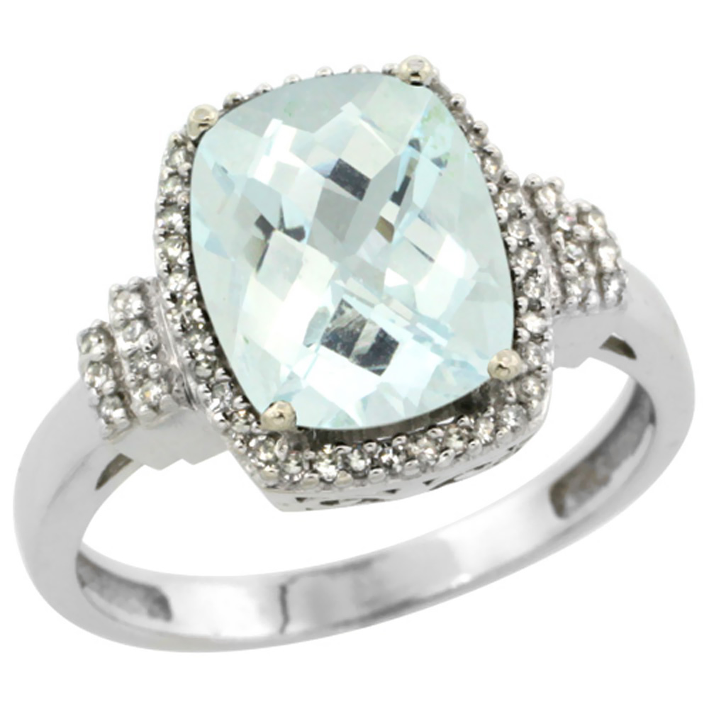 14K White Gold Natural Aquamarine Ring Cushion-cut 9x7mm Diamond Halo, sizes 5-10