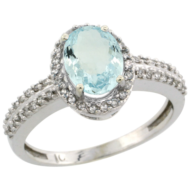 14K White Gold Natural Aquamarine Ring Oval 8x6mm Diamond Halo, sizes 5-10