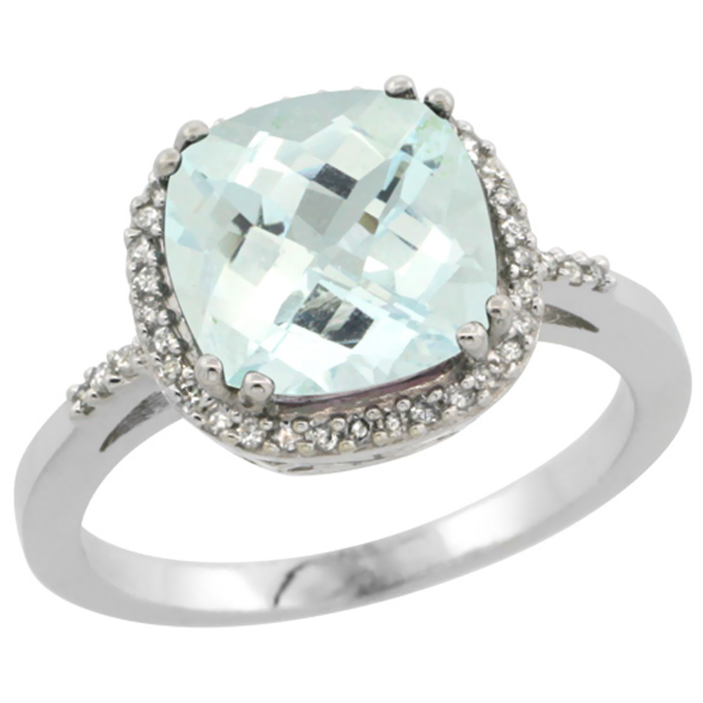 10K White Gold Diamond Natural Aquamarine Ring Cushion-cut 9x9mm, sizes 5-10