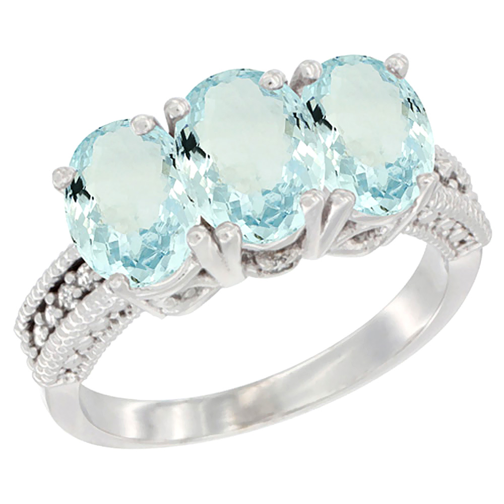 14K White Gold Natural Aquamarine Ring 3-Stone Oval 7x5 mm Diamond Accent, sizes 5 - 10