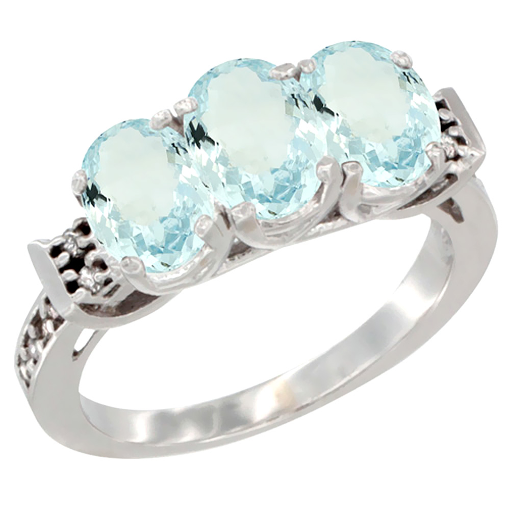 14K White Gold Natural Aquamarine Ring 3-Stone Oval 7x5 mm Diamond Accent, sizes 5 - 10