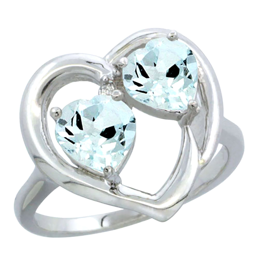 14K White Gold Diamond Two-stone Heart Ring 6mm Natural Aquamarine, sizes 5-10