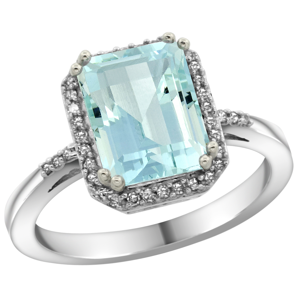 14K White Gold Diamond Natural Aquamarine Ring Emerald-cut 9x7mm, sizes 5-10