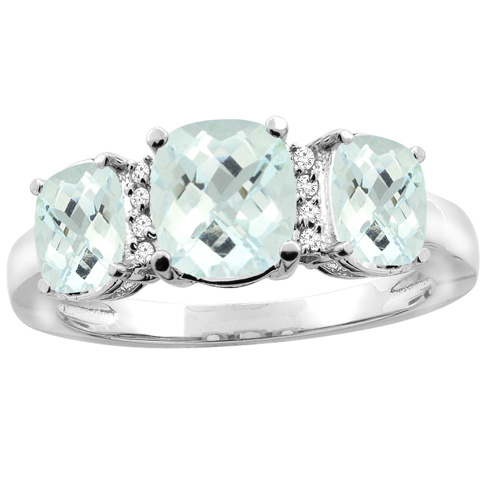 14K White Gold Natural Aquamarine 3-stone Ring Cushion 8x6mm Diamond Accent, sizes 5 - 10