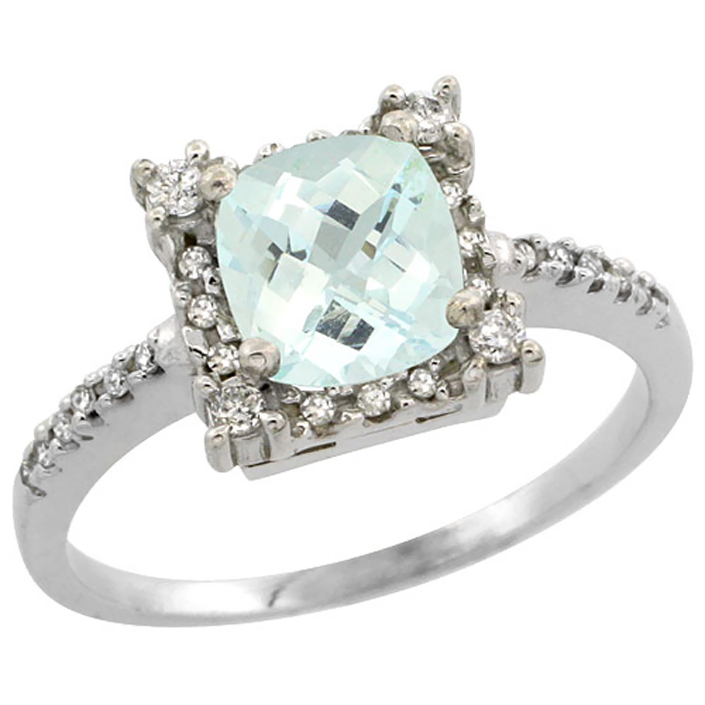 14K White Gold Natural Aquamarine Ring Cushion-cut 6x6mm Diamond Halo, sizes 5-10