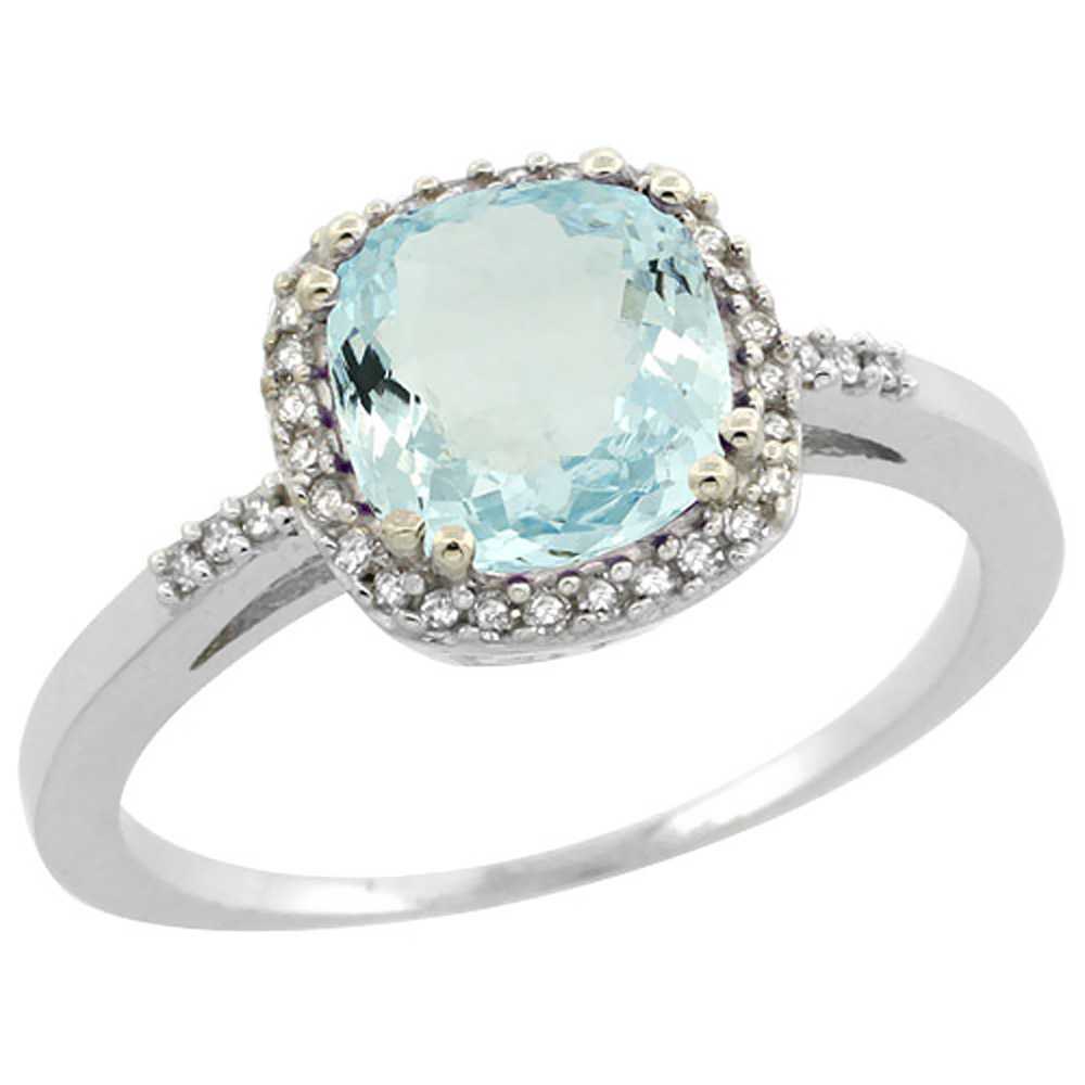 14K White Gold Diamond Natural Aquamarine Ring Cushion-cut 7x7mm, sizes 5-10