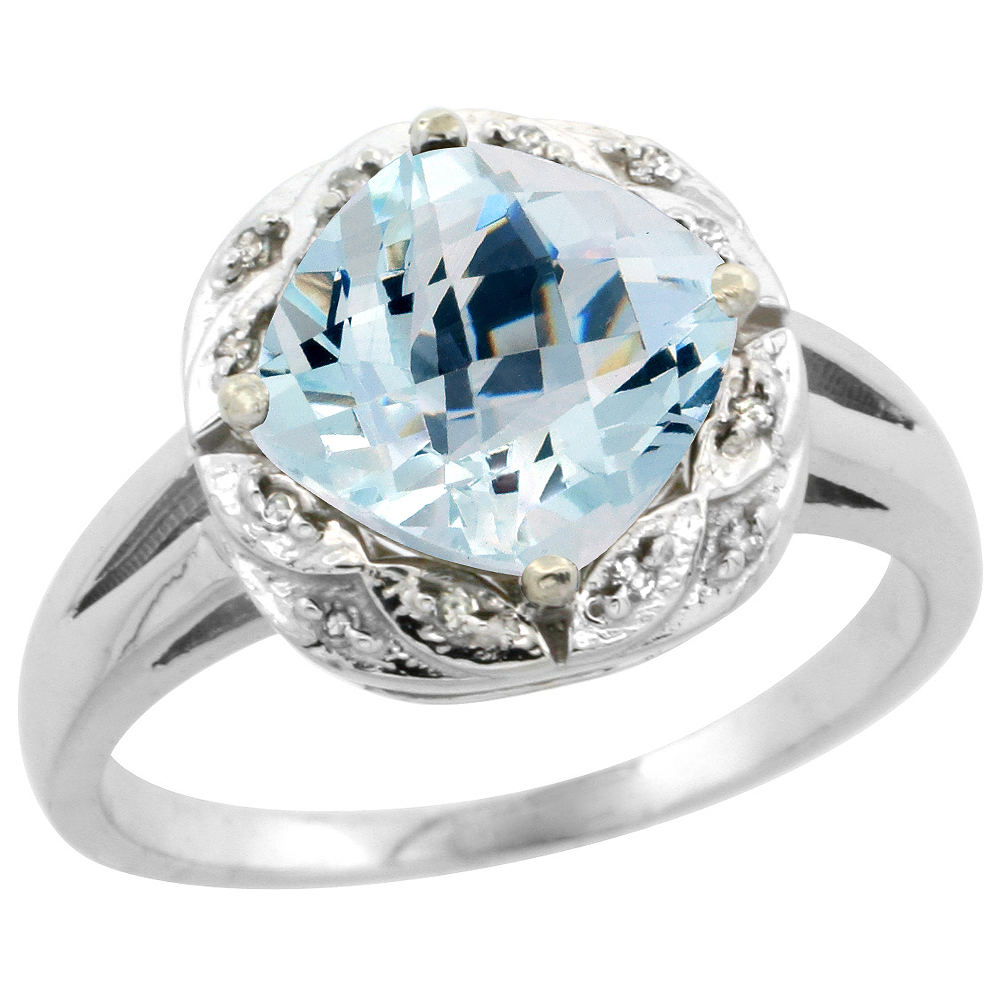 10k White Gold Natural Aquamarine Ring Cushion-cut 8x8mm Diamond Halo, sizes 5-10