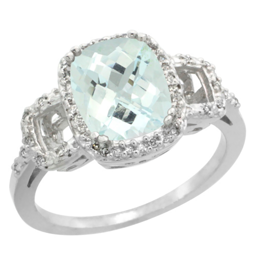 14K White Gold Diamond Natural Aquamarine Ring Cushion-cut 9x7mm, sizes 5-10