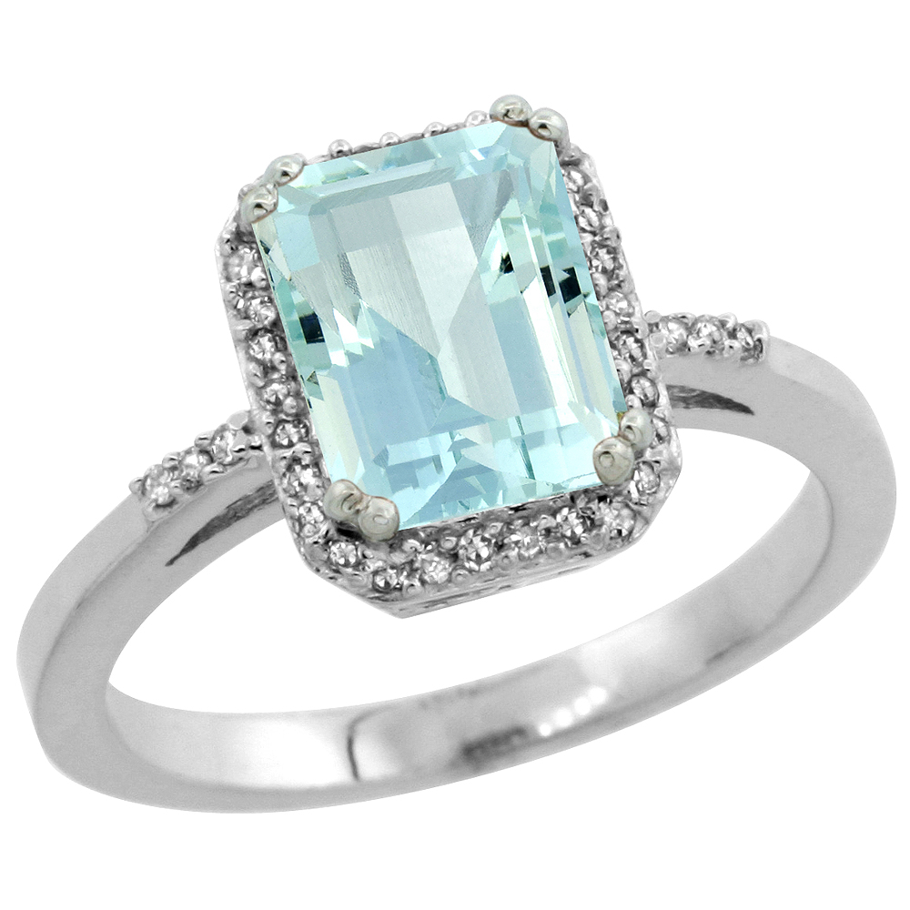 14K White Gold Diamond Natural Aquamarine Ring Emerald-cut 8x6mm, sizes 5-10