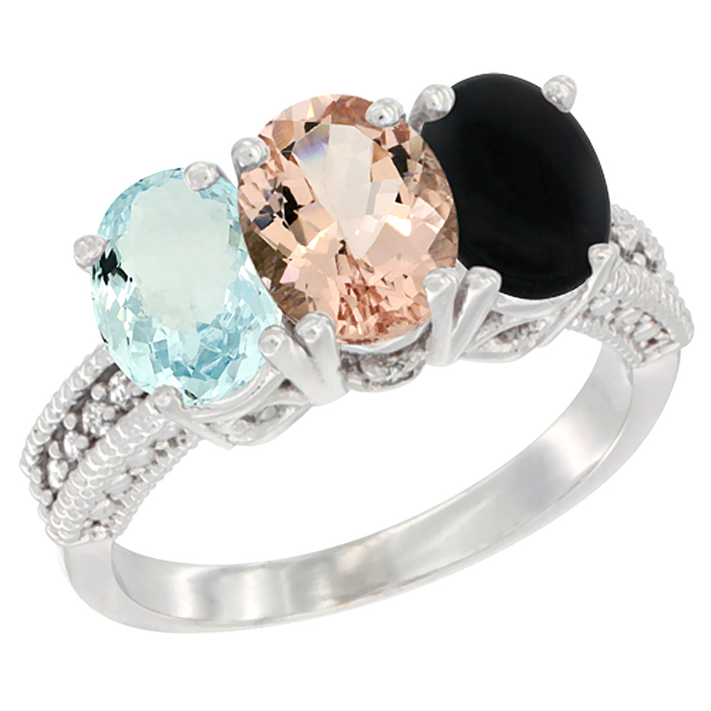 14K White Gold Natural Aquamarine, Morganite &amp; Black Onyx Ring 3-Stone Oval 7x5 mm Diamond Accent, sizes 5 - 10