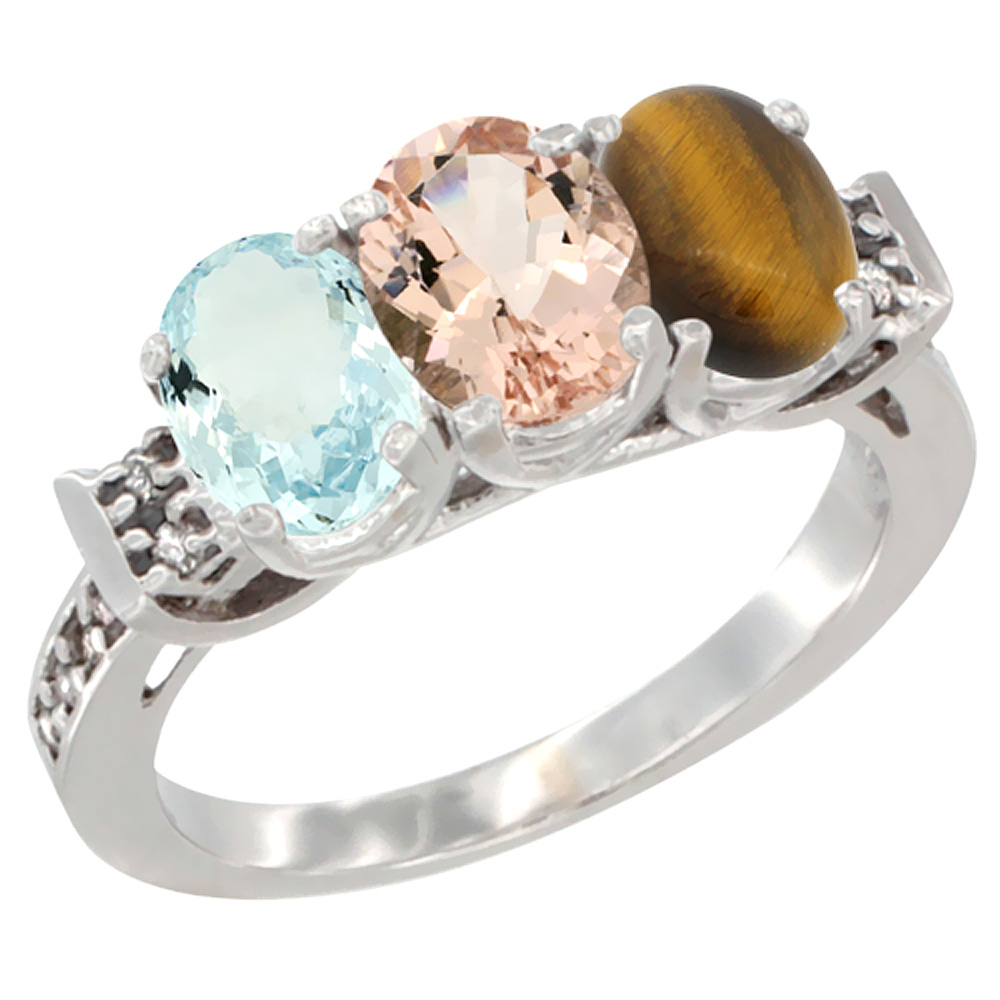 10K White Gold Natural Aquamarine, Morganite &amp; Tiger Eye Ring 3-Stone Oval 7x5 mm Diamond Accent, sizes 5 - 10