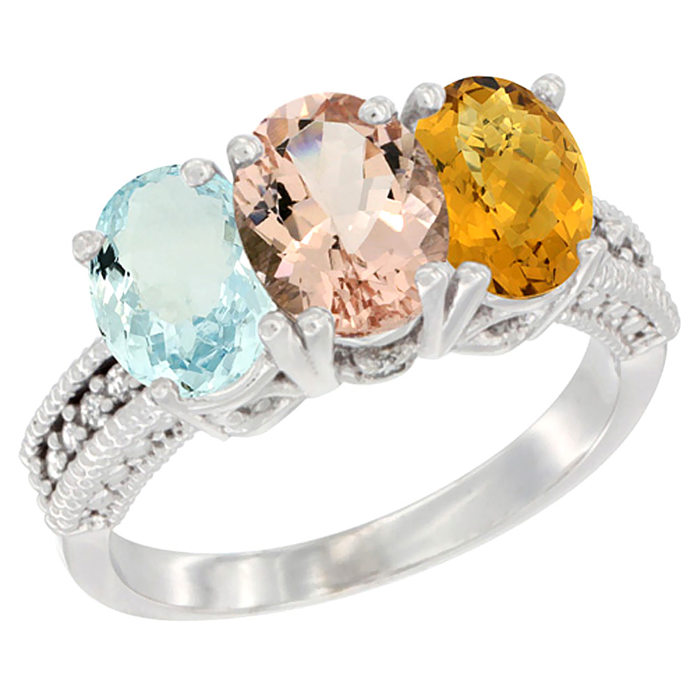 14K White Gold Natural Aquamarine, Morganite & Whisky Quartz Ring 3-Stone Oval 7x5 mm Diamond Accent, sizes 5 - 10