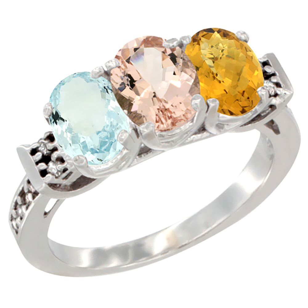 14K White Gold Natural Aquamarine, Morganite & Whisky Quartz Ring 3-Stone Oval 7x5 mm Diamond Accent, sizes 5 - 10