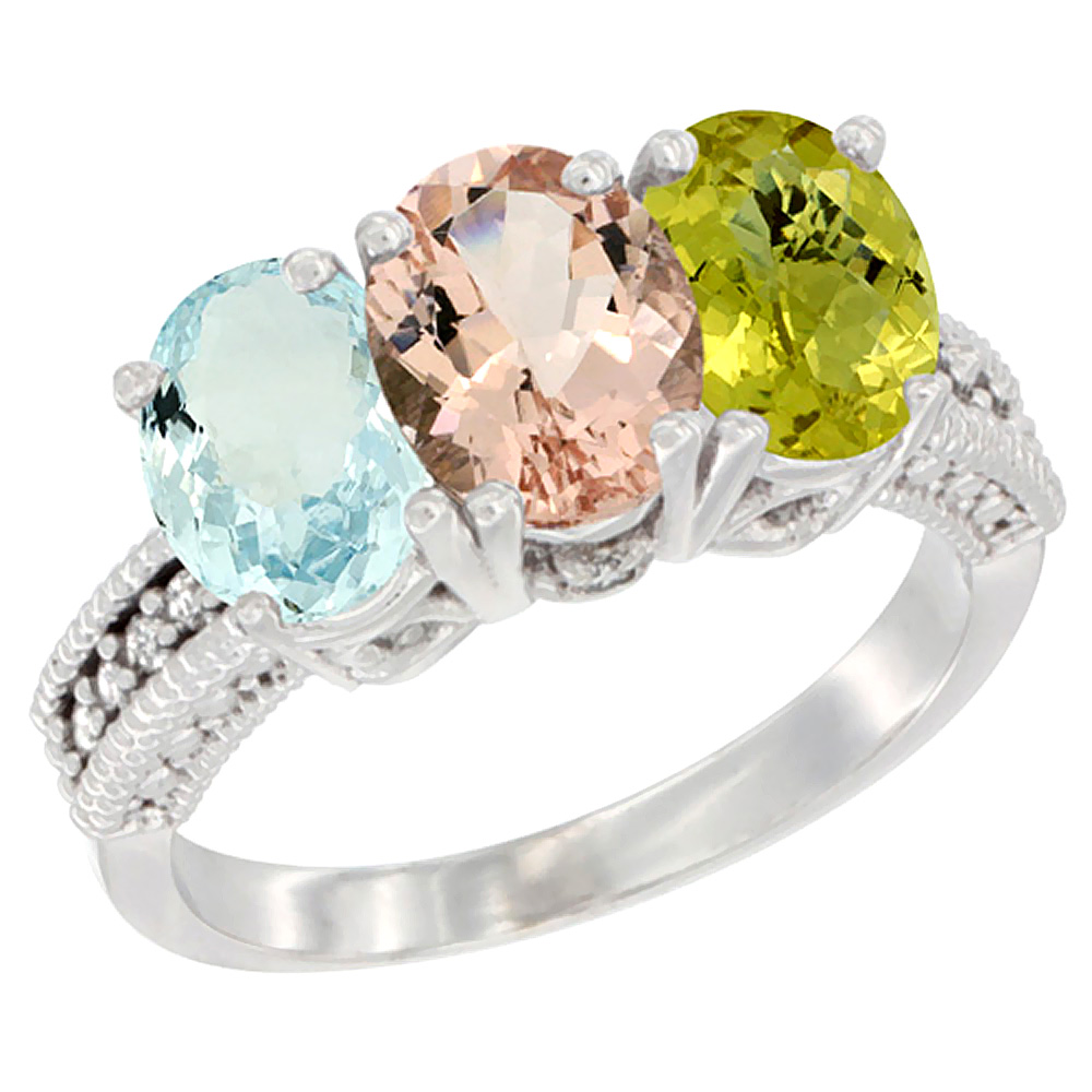 14K White Gold Natural Aquamarine, Morganite &amp; Lemon Quartz Ring 3-Stone Oval 7x5 mm Diamond Accent, sizes 5 - 10