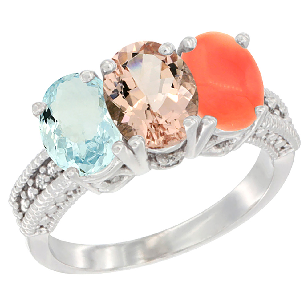 10K White Gold Natural Aquamarine, Morganite & Coral Ring 3-Stone Oval 7x5 mm Diamond Accent, sizes 5 - 10