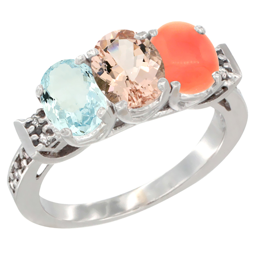 10K White Gold Natural Aquamarine, Morganite & Coral Ring 3-Stone Oval 7x5 mm Diamond Accent, sizes 5 - 10