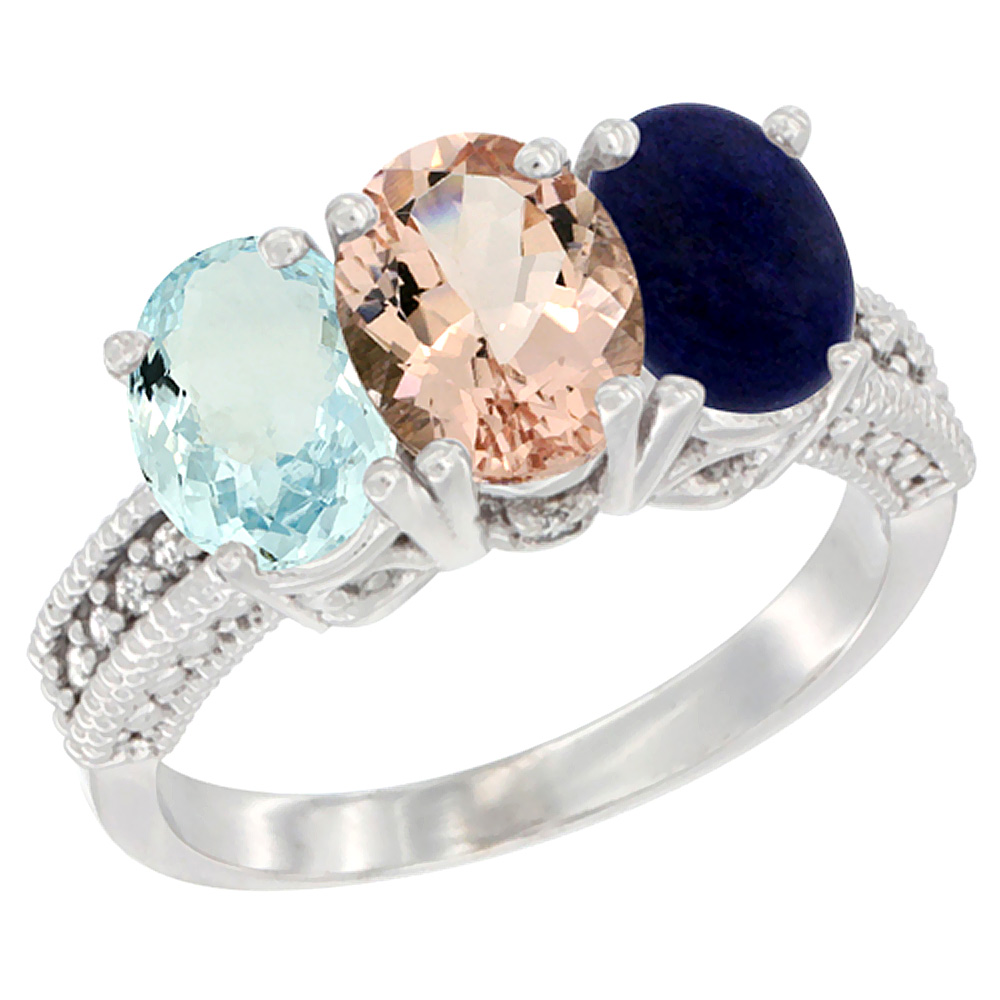 14K White Gold Natural Aquamarine, Morganite & Lapis Ring 3-Stone Oval 7x5 mm Diamond Accent, sizes 5 - 10