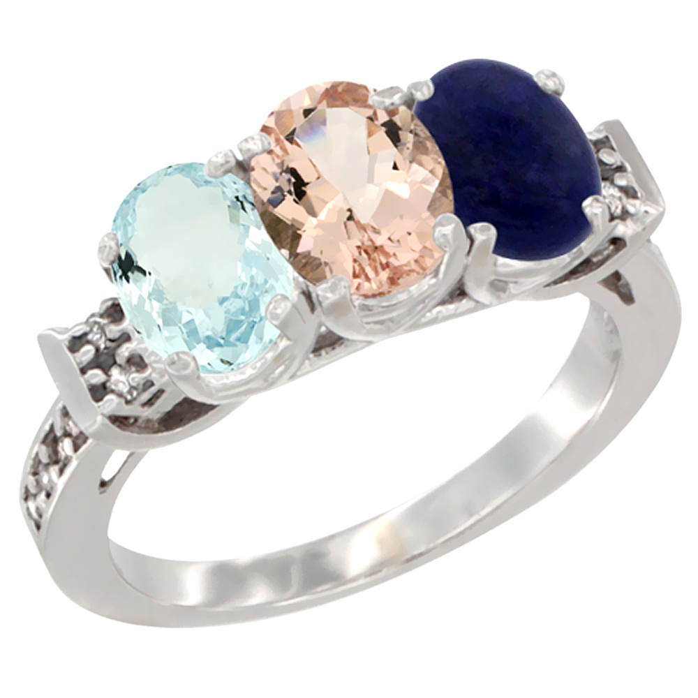 10K White Gold Natural Aquamarine, Morganite & Lapis Ring 3-Stone Oval 7x5 mm Diamond Accent, sizes 5 - 10