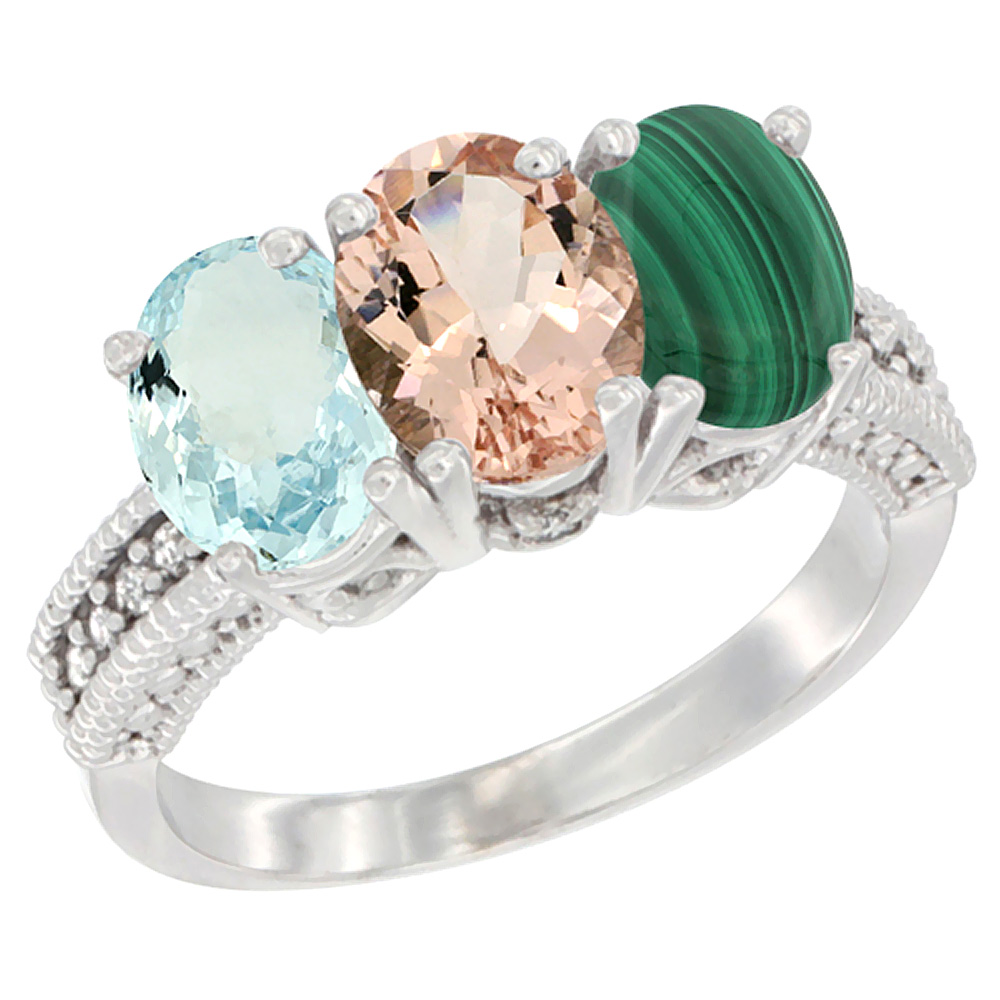 14K White Gold Natural Aquamarine, Morganite &amp; Malachite Ring 3-Stone Oval 7x5 mm Diamond Accent, sizes 5 - 10