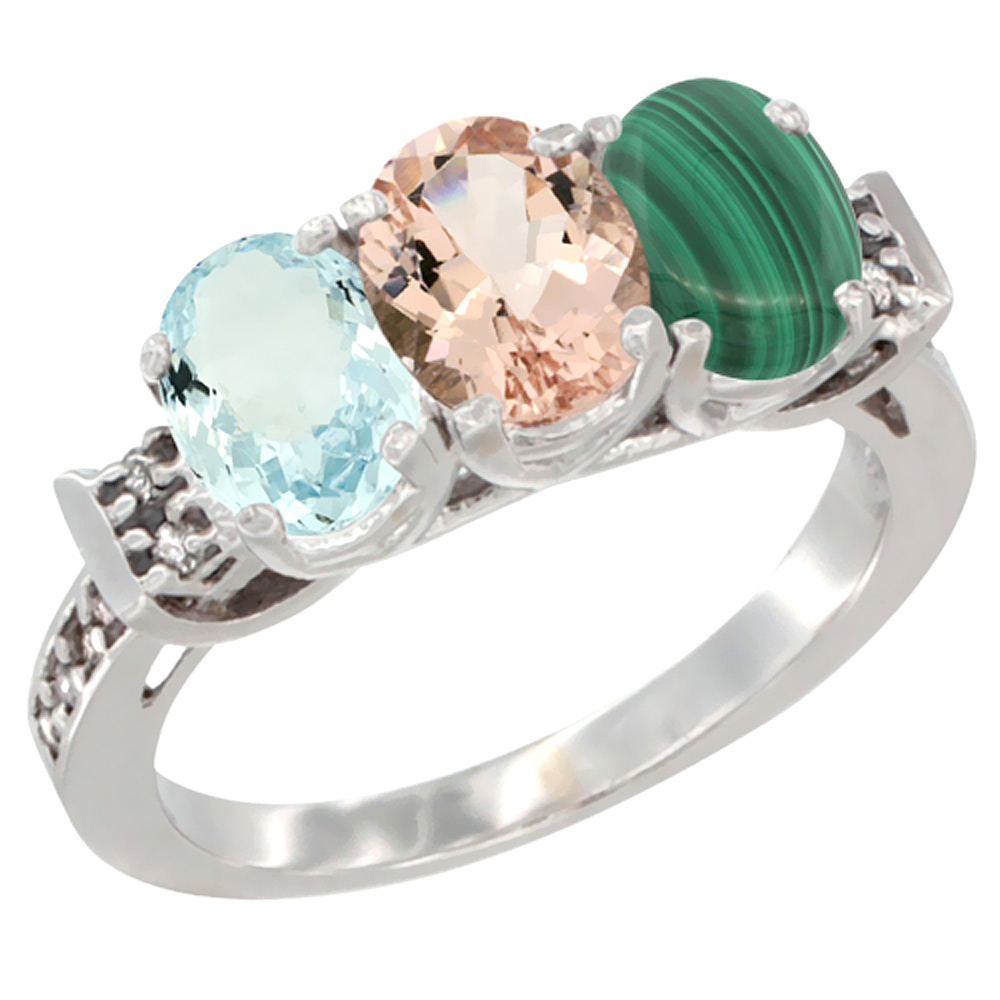 14K White Gold Natural Aquamarine, Morganite & Malachite Ring 3-Stone Oval 7x5 mm Diamond Accent, sizes 5 - 10