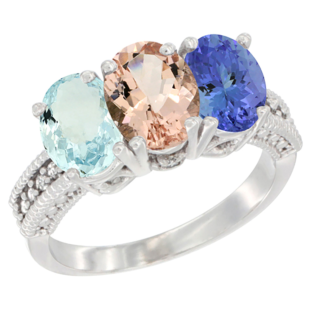 14K White Gold Natural Aquamarine, Morganite & Tanzanite Ring 3-Stone Oval 7x5 mm Diamond Accent, sizes 5 - 10