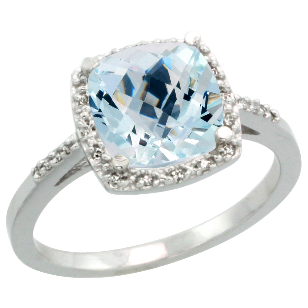 14K White Gold Diamond Natural Aquamarine Ring Cushion-cut 8x8 mm, sizes 5-10