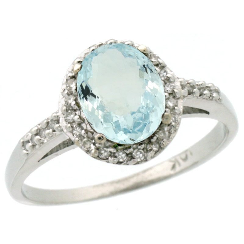 14K White Gold Diamond Natural Aquamarine Ring Oval 8x6mm, sizes 5-10