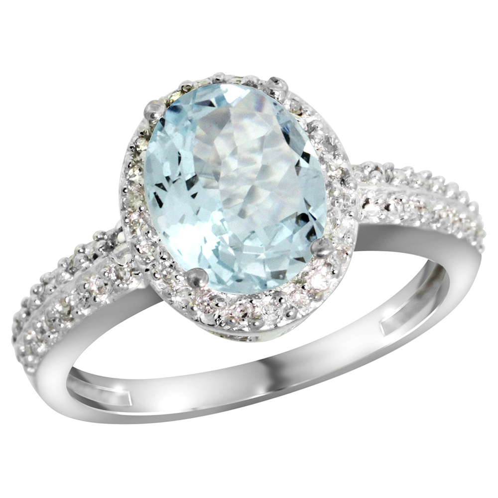 14K White Gold Diamond Natural Aquamarine Ring Oval 9x7mm, sizes 5-10