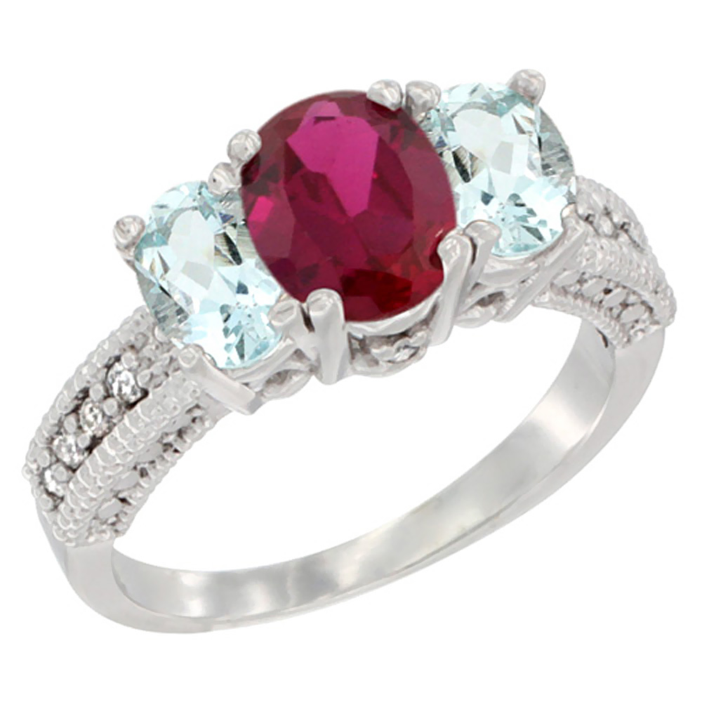 10K White Gold Diamond Quality Ruby 7x5mm &amp; 6x4mm Aquamarine Oval 3-stone Mothers Ring,size 5 - 10