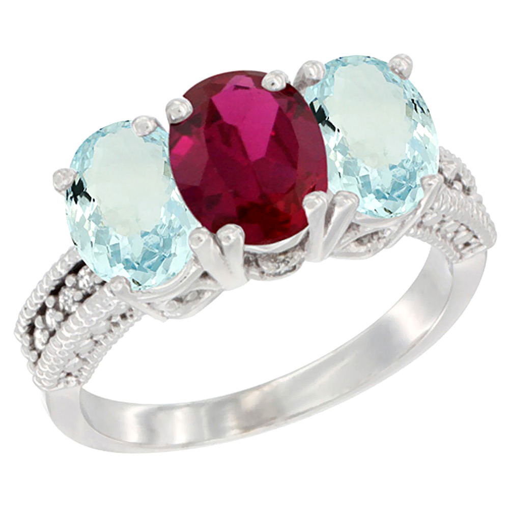 10K White Gold Enhanced Ruby &amp; Natural Aquamarine Sides Ring 3-Stone Oval 7x5 mm Diamond Accent, sizes 5 - 10