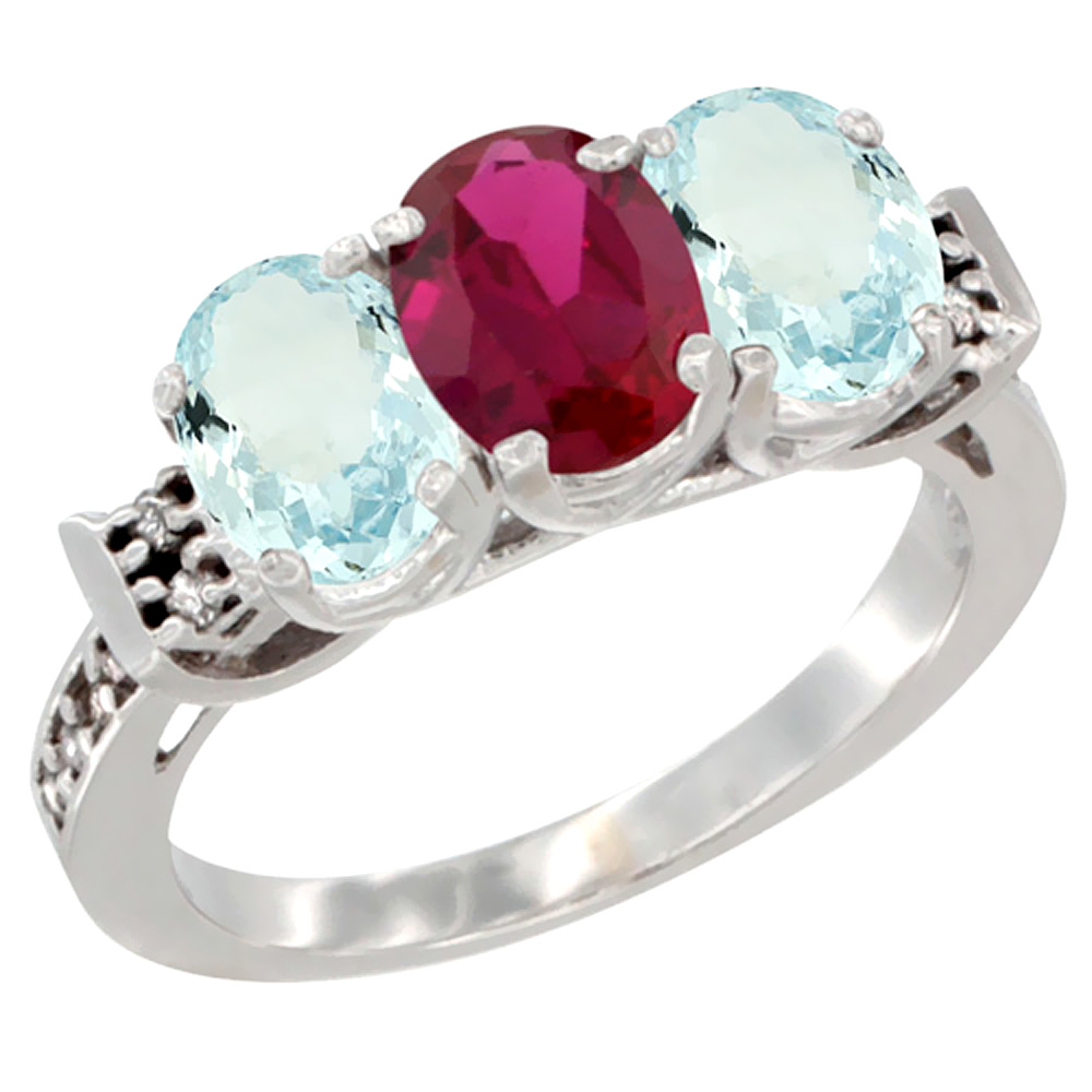 10K White Gold Enhanced Ruby &amp; Natural Aquamarine Sides Ring 3-Stone Oval 7x5 mm Diamond Accent, sizes 5 - 10