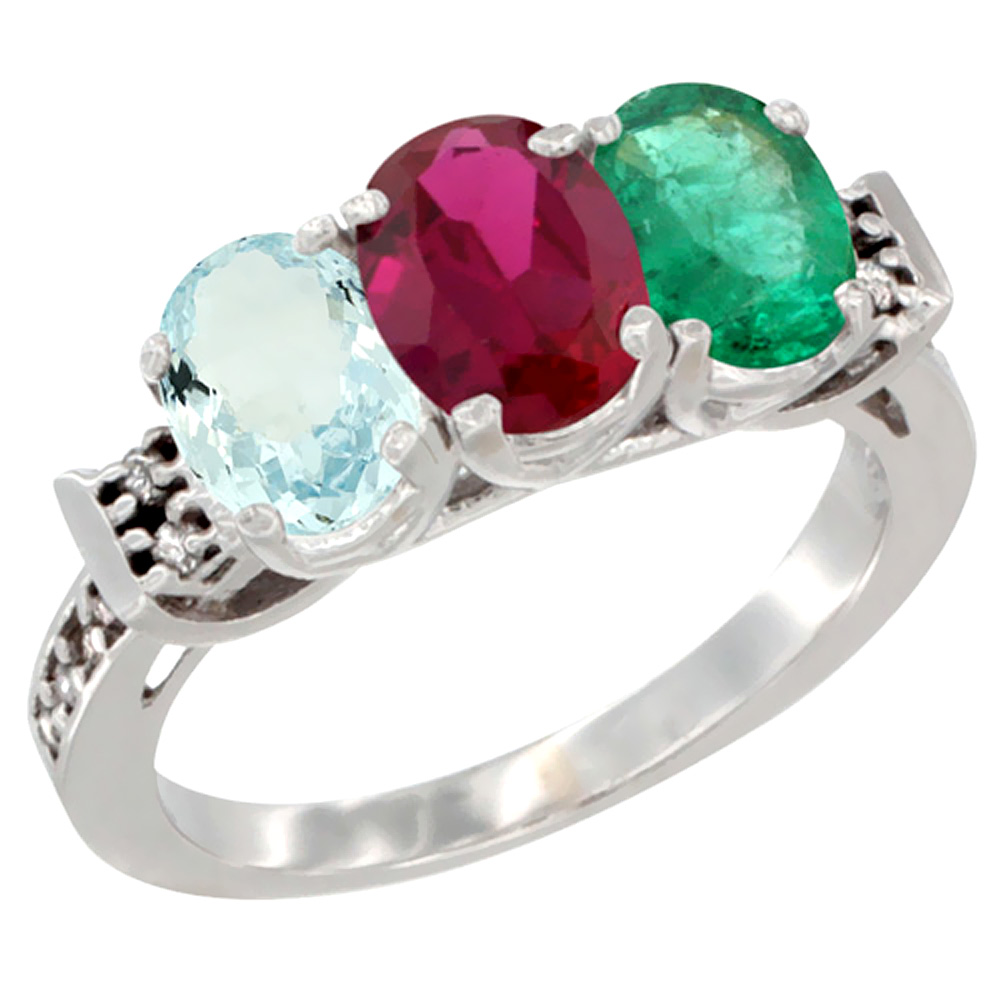 10K White Gold Natural Aquamarine, Enhanced Ruby & Natural Emerald Ring 3-Stone Oval 7x5 mm Diamond Accent, sizes 5 - 10