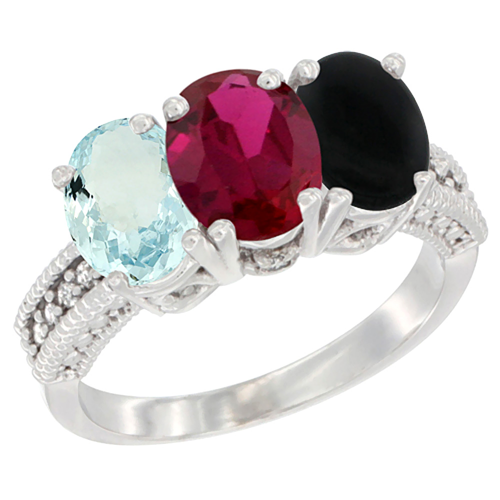 14K White Gold Natural Aquamarine, Enhanced Ruby & Natural Black Onyx Ring 3-Stone Oval 7x5 mm Diamond Accent, sizes 5 - 10