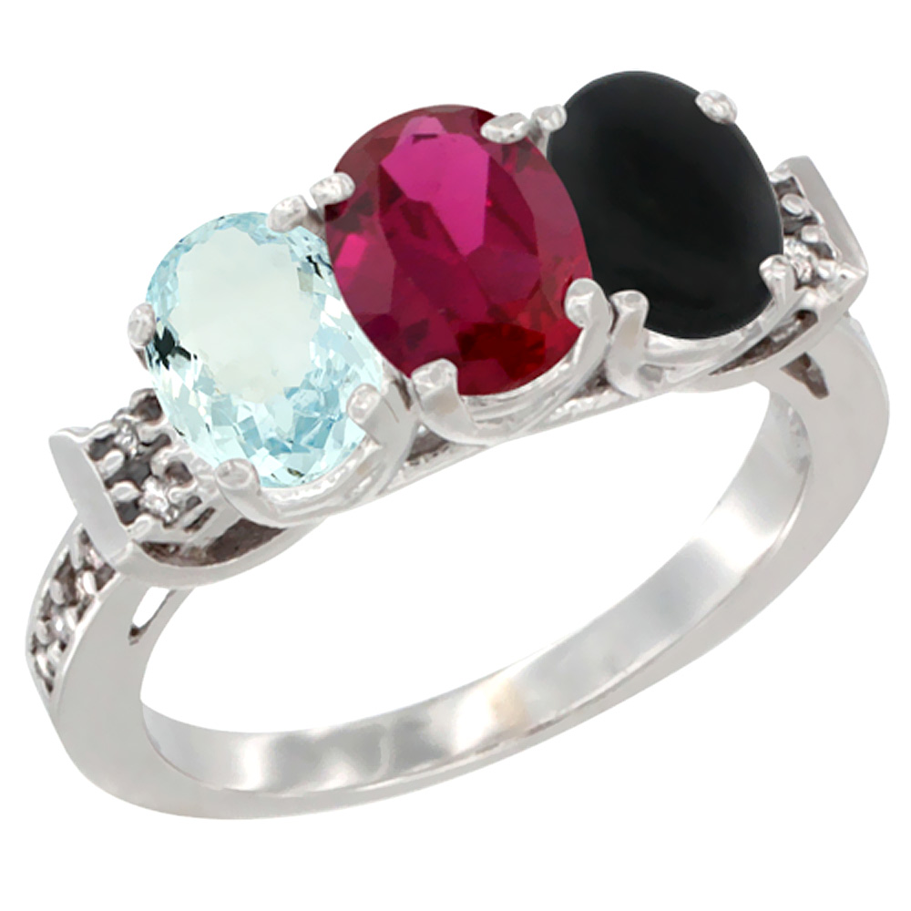 14K White Gold Natural Aquamarine, Enhanced Ruby & Natural Black Onyx Ring 3-Stone Oval 7x5 mm Diamond Accent, sizes 5 - 10