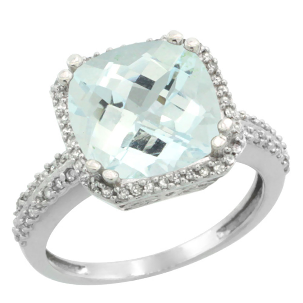 14K White Gold Natural Aquamarine Ring Cushion-cut 11x11mm Diamond Halo, sizes 5-10