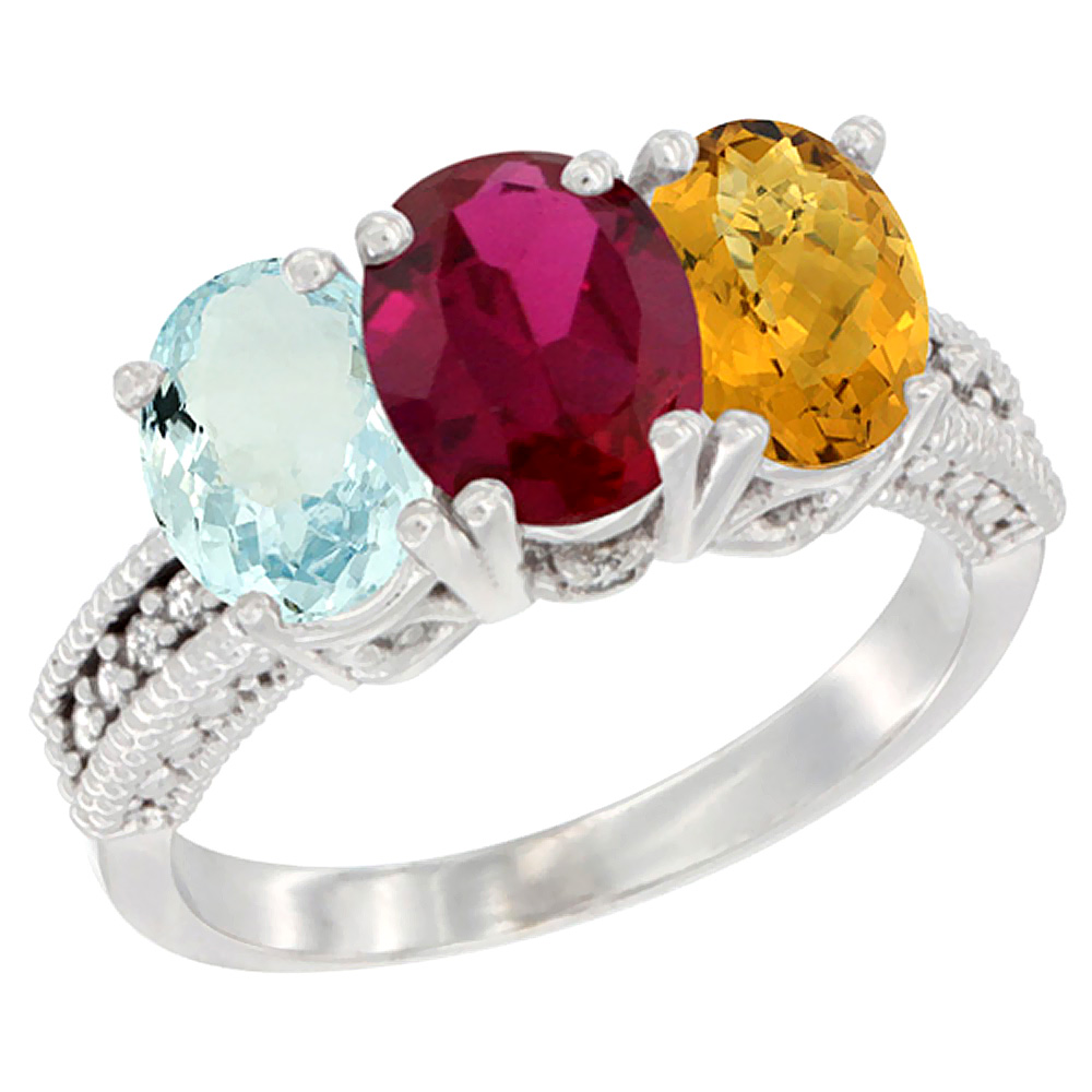 10K White Gold Natural Aquamarine, Enhanced Ruby & Natural Whisky Quartz Ring 3-Stone Oval 7x5 mm Diamond Accent, sizes 5 - 10