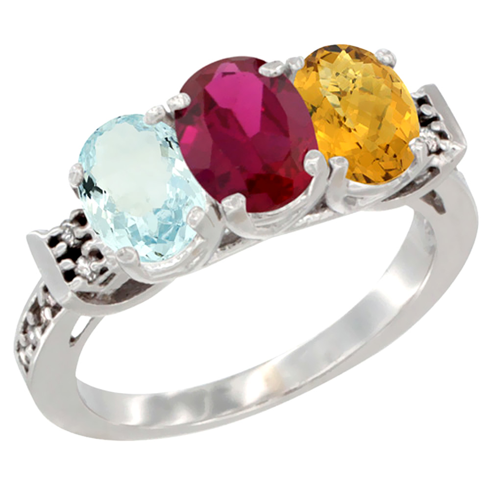 14K White Gold Natural Aquamarine, Enhanced Ruby & Natural Whisky Quartz Ring 3-Stone Oval 7x5 mm Diamond Accent, sizes 5 - 10