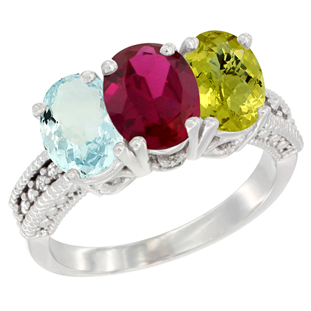 14K White Gold Natural Aquamarine, Enhanced Ruby & Natural Lemon Quartz Ring 3-Stone Oval 7x5 mm Diamond Accent, sizes 5 - 10