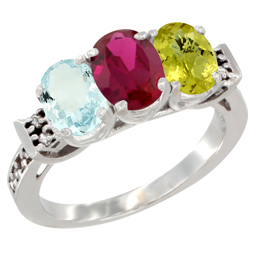 14K White Gold Natural Aquamarine, Enhanced Ruby & Natural Lemon Quartz Ring 3-Stone Oval 7x5 mm Diamond Accent, sizes 5 - 10