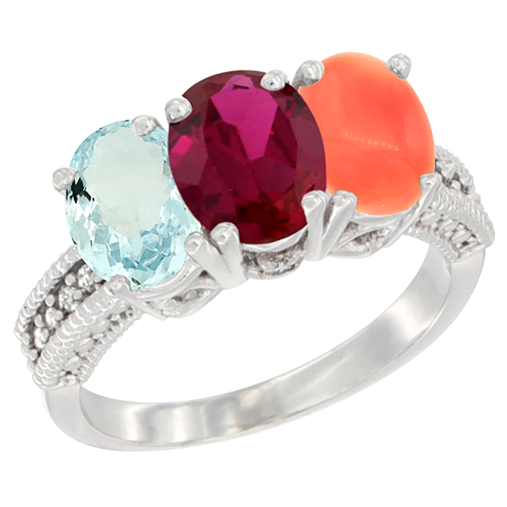 10K White Gold Natural Aquamarine, Enhanced Ruby & Natural Coral Ring 3-Stone Oval 7x5 mm Diamond Accent, sizes 5 - 10