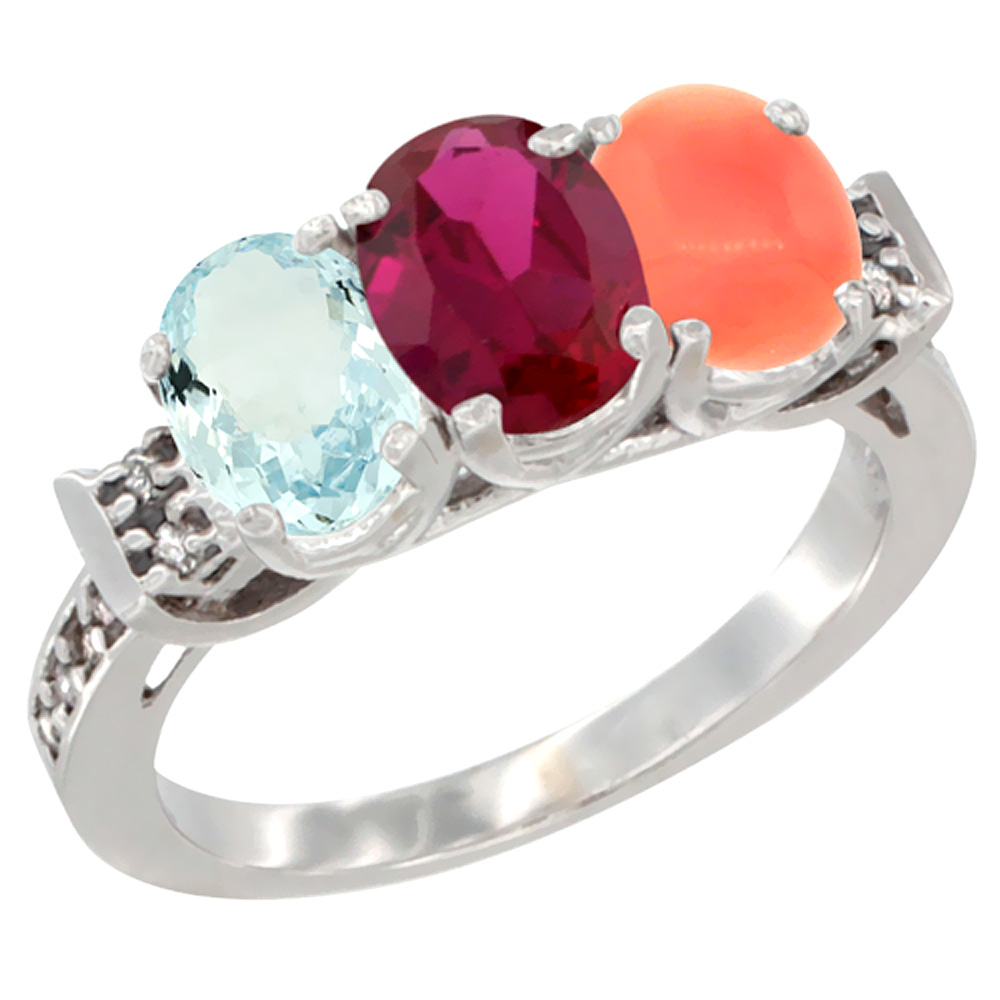 10K White Gold Natural Aquamarine, Enhanced Ruby & Natural Coral Ring 3-Stone Oval 7x5 mm Diamond Accent, sizes 5 - 10