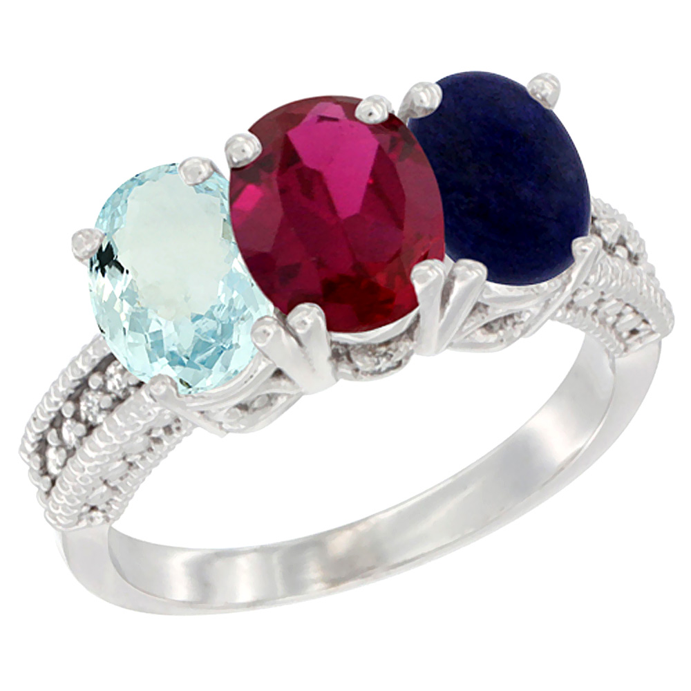 10K White Gold Natural Aquamarine, Enhanced Ruby & Natural Lapis Ring 3-Stone Oval 7x5 mm Diamond Accent, sizes 5 - 10