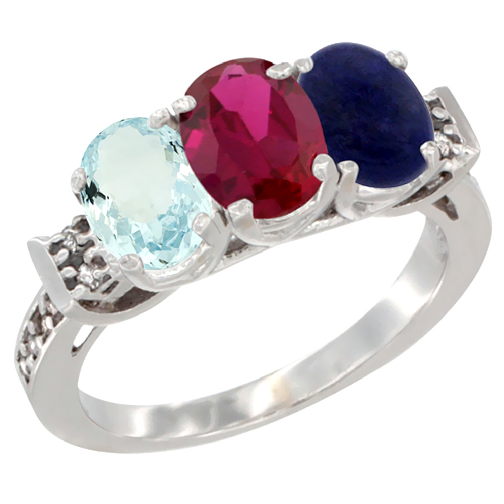 10K White Gold Natural Aquamarine, Enhanced Ruby & Natural Lapis Ring 3-Stone Oval 7x5 mm Diamond Accent, sizes 5 - 10