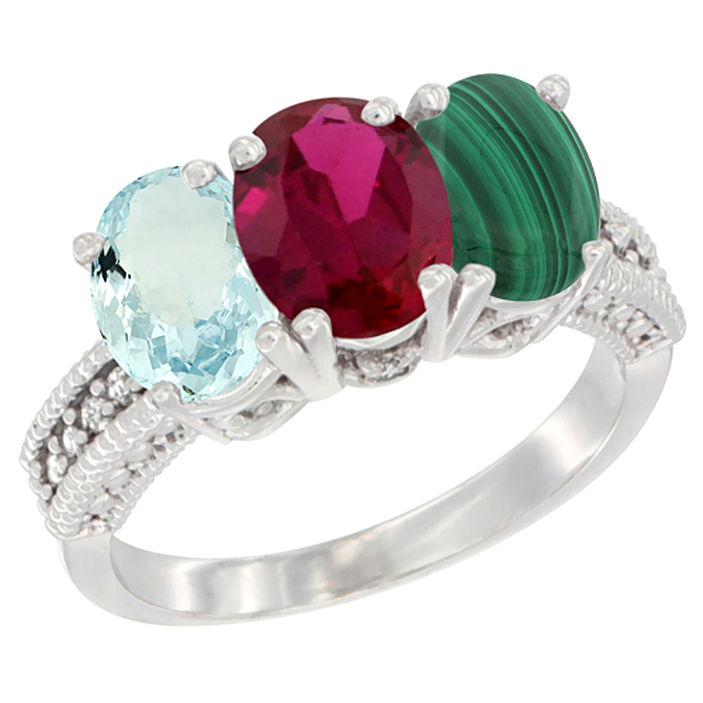 10K White Gold Natural Aquamarine, Enhanced Ruby & Natural Malachite Ring 3-Stone Oval 7x5 mm Diamond Accent, sizes 5 - 10