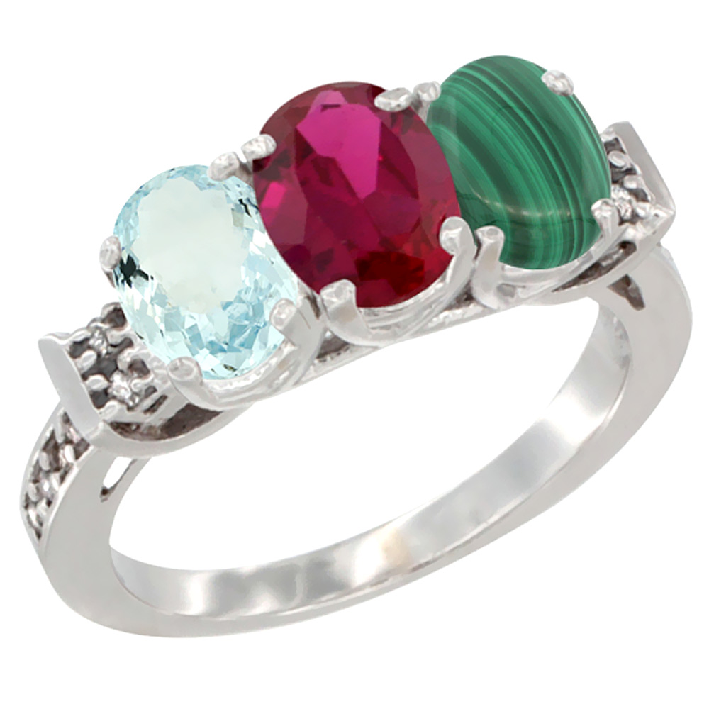 10K White Gold Natural Aquamarine, Enhanced Ruby & Natural Malachite Ring 3-Stone Oval 7x5 mm Diamond Accent, sizes 5 - 10